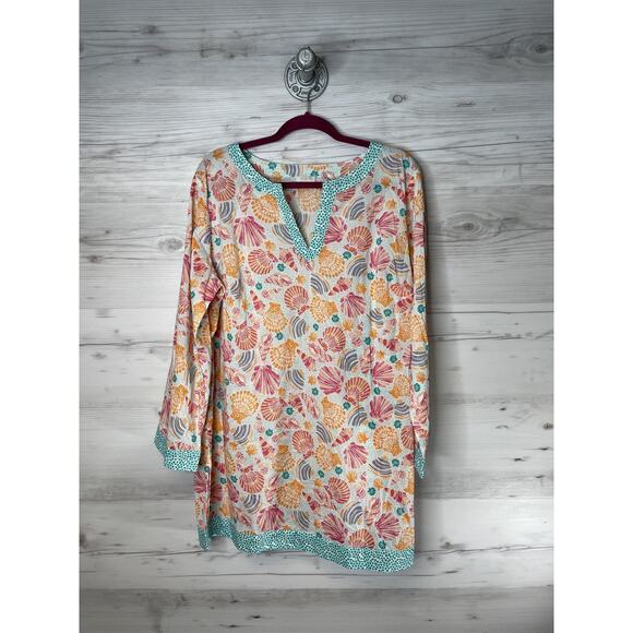 Talbots Shirt Womens 1X Multicolor Seashell Print Cotton Tunic V Neck 3/4 Sleeve - Picture 1 of 8